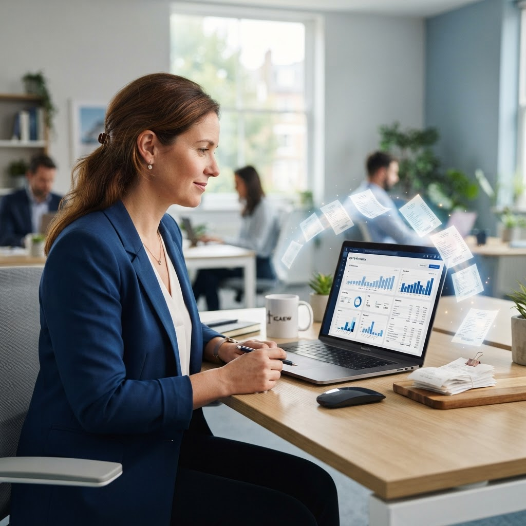 A CPA reviewing organized digital receipts on a laptop instead of piles of paper