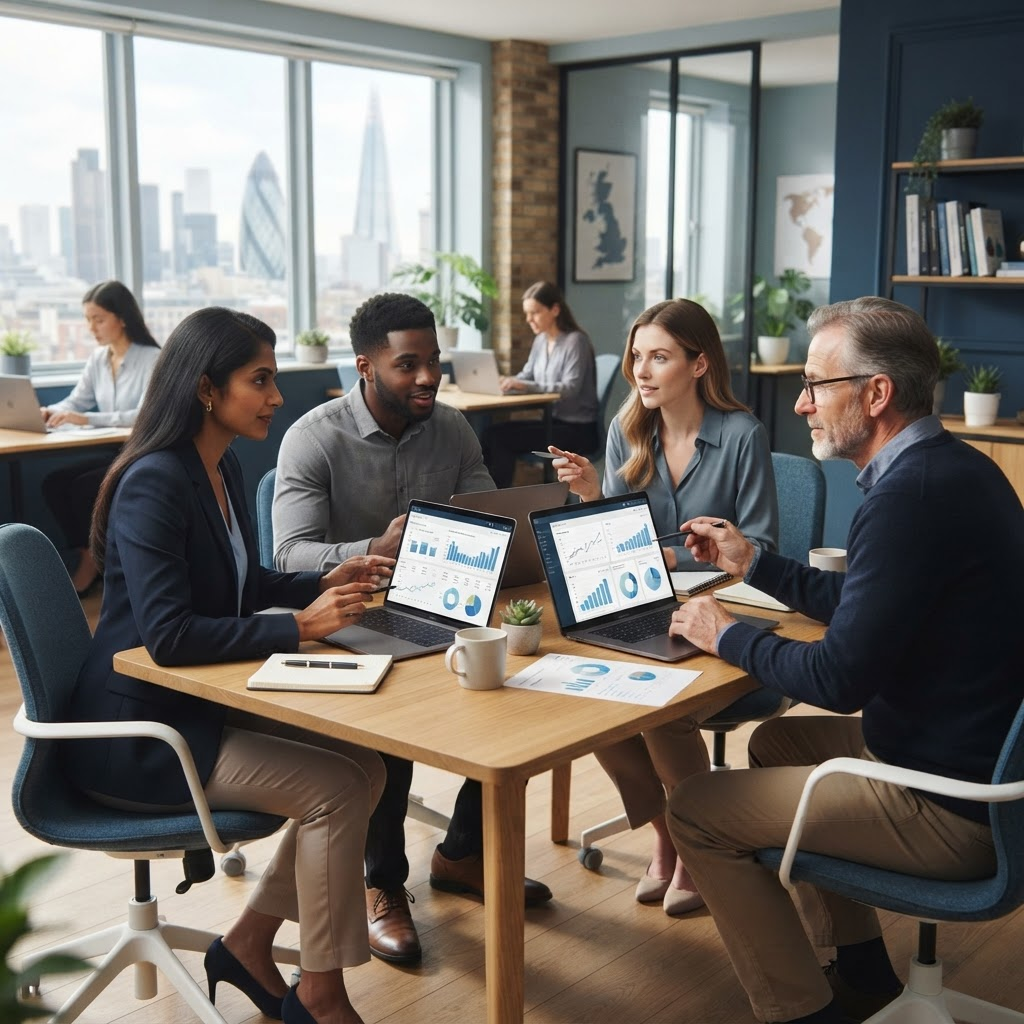 A modern CPA firm team reviewing organized digital financial records together